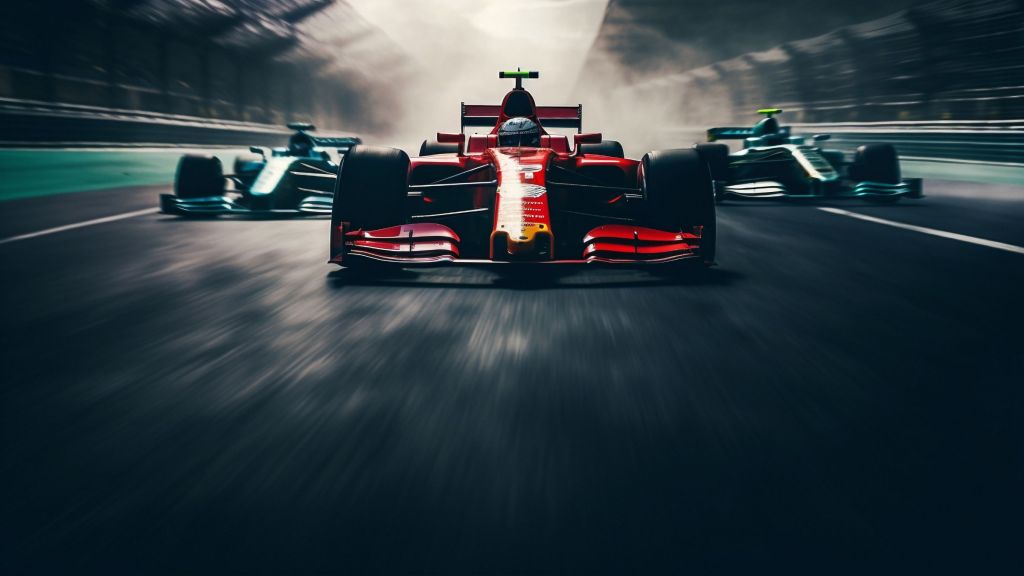 Três carros de corrida competem em uma pista escura, com seus faróis iluminando o caminho à frente.