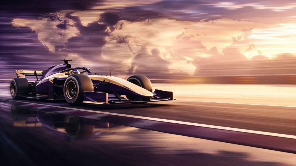 Um carro de corrida acelera em uma pista, com um mapa-múndi exibido ao fundo, simbolizando o automobilismo mundial.