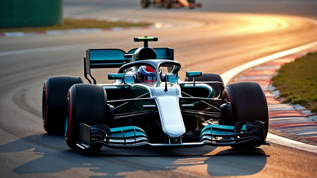 The Mercedes-AMG F1 team's new car features a sleek design with a silver and black color scheme, showcasing advanced aerodynamics.