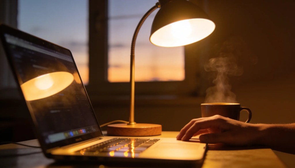 Pessoa usando um laptop em uma mesa, com uma xícara de café, enquanto trabalha online em um ambiente com pouca iluminação.